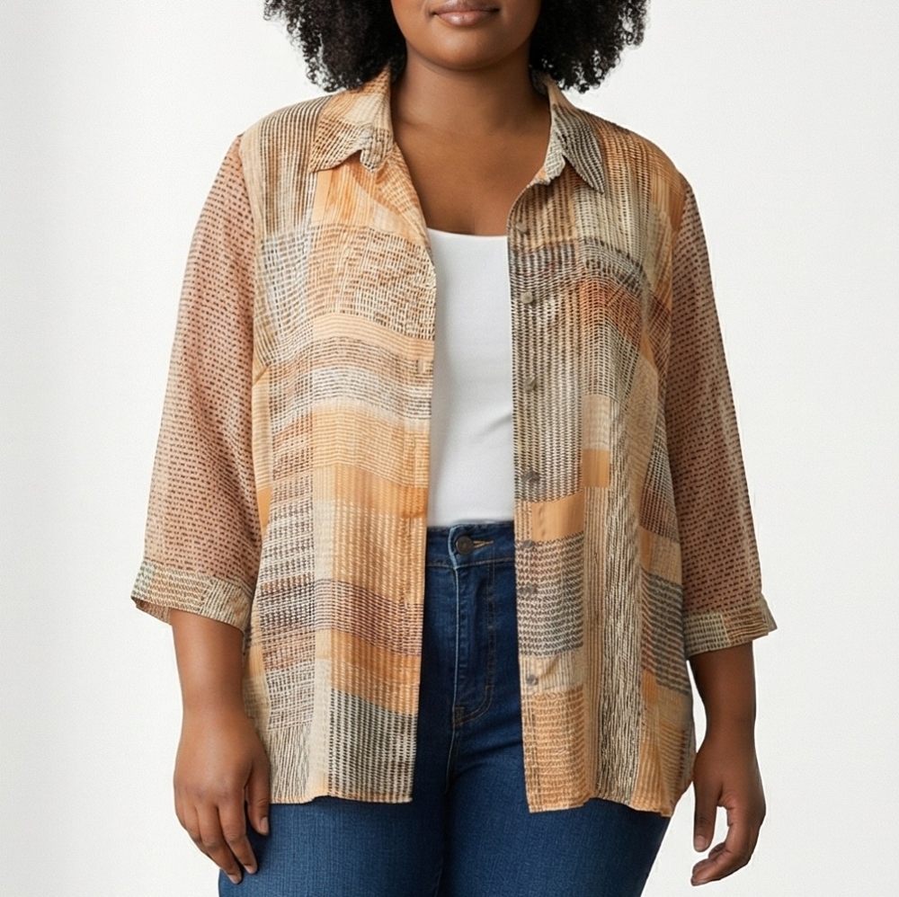 Rose & Olive Sheer Plaid Button Down Shirt in Orange and Brown
